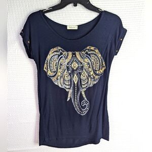 Daily Special Navy blue with gold elephant tshirt size small